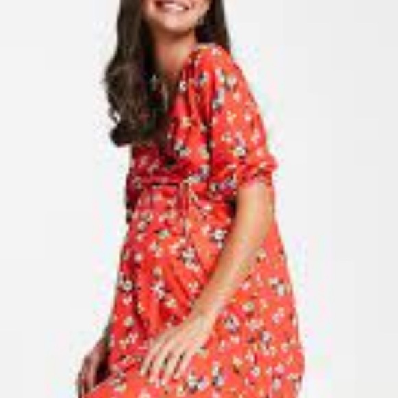 Asos Maternity Wrap Front Midi Dress Red Floral Size 8 - Picture 2 of 8